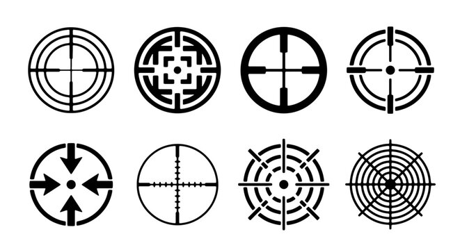 Set of 8 Diverse Crosshair Icons, Targeting Reticles, and Scope Sights, Vector Graphics for Precision Aiming and Military Applications