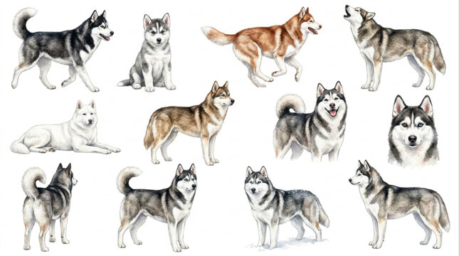 Siberian Husky and Alaskan Malamute Dogs Watercolor Illustrations in Various Poses