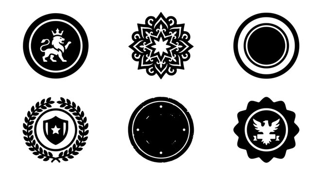Set of 6 Black and White Circular Emblems, Badges, and Seals featuring Heraldic Lions, Mandalas, Stars, and Eagles for Decorative and Branding Applications