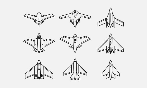 Stealth plane icons, stealth aircraft, bomber line art
