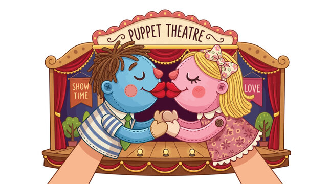Puppet theatre show with two cute puppets kissing on stage
