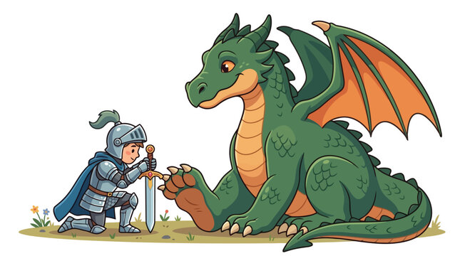 Little knight kneeling with sword bowing before a friendly green dragon in a meadow