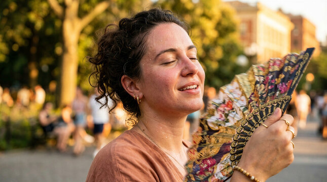 Woman enjoying a warm evening, using a hand fan outdoors in a vibrant park setting