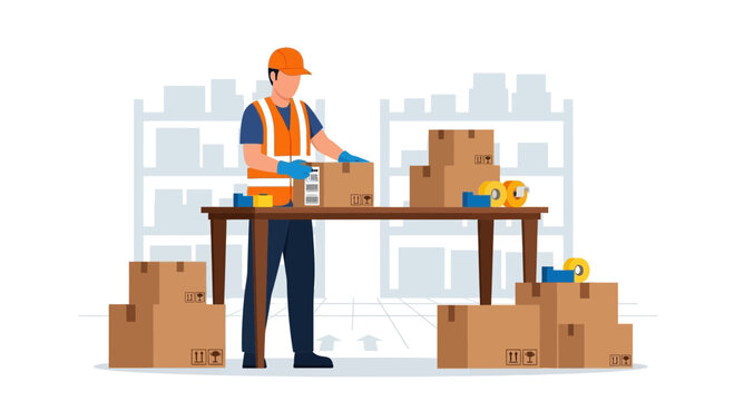 Warehouse worker packing boxes on a table, logistics and delivery concept
