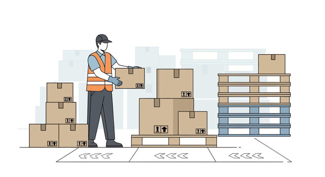 Warehouse worker stacking boxes on pallet, logistics, shipping, delivery, storage, supply chain