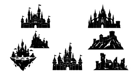 Fantasy Castle Silhouettes, Magical Kingdom Icons, Fairytale Architecture Collection, Medieval Fortress Vector Graphics © Khairul