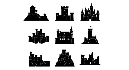 Medieval Castle Silhouettes, Fantasy Fortress Icons, Royal Citadel Vector Set, Historic Architecture Collection for Fantasy and History Projects © Khairul