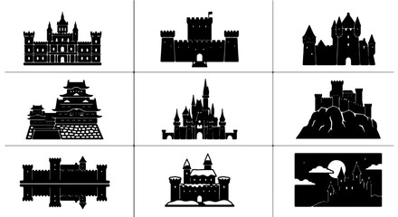 Diverse Castle Silhouettes Collection, Medieval Fortress Icons, Fantasy Kingdom Architecture, Royal Palace Vector Graphics, Historic Stronghold Symbols © Khairul