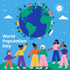 Fototapeta premium World Population Day global awareness with earth illustration and diverse people icons, vector graphic promoting population growth, inclusion and global community concept