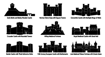 Medieval Castle Silhouettes, 9 Fortress Icons, European Fortifications, Historical Architecture Vector Set © Khairul