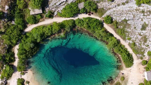 Aerial view of the Cetina River spring, also known as the Eye of the Earth, in Croatia