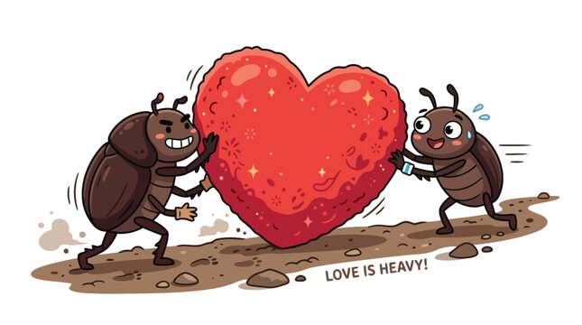 Two cute beetles pushing heavy red heart shaped object vector illustration