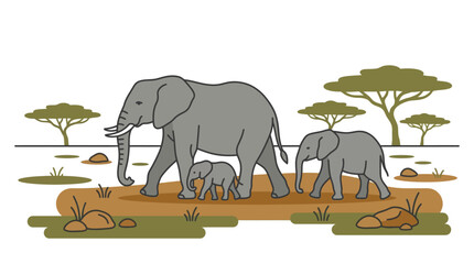 Elephant family walking in an African savanna landscape © Graffico