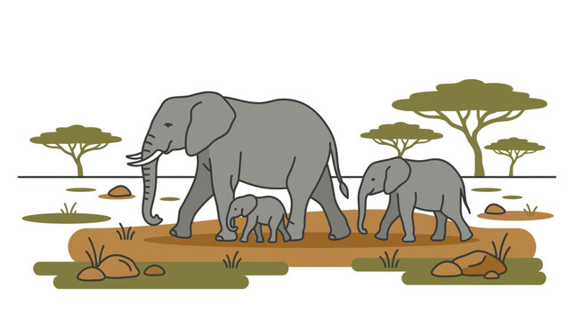 Elephant family walking in an African savanna landscape