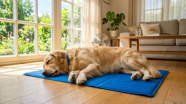 Golden Retriever relaxing peacefully on a cooling mat in a bright living room