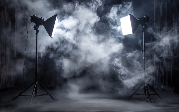 Photo studio lighting equipment stands with atmospheric smoke and fog