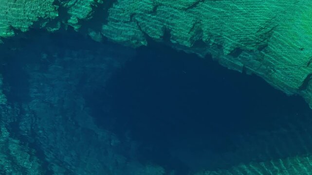 Aerial view of the Cetina River spring in Croatia, a deep karst water source with crystal clear turquoise and dark blue water