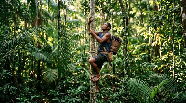 Brazilian Acai Harvester Climbing Palm Tree in Amazon Rainforest