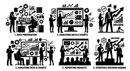 Obraz premium Business Analysis Infographic Set: Data Preparation, Chart Analysis, Insight Reporting, Strategic Decision Making, Corporate Strategy, Teamwork, Professional Development