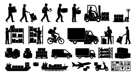 Obraz premium Logistics and Delivery Icons Set: Shipping, Transportation, and Warehouse Operations, Vector Graphics for Commerce and Supply Chain