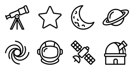 Set of simple space icons including telescope star moon planet galaxy astronaut helmet satellite observatory Minimal stroke icon set bundle collection. Editable Vector Illustration Mega pack © SIPLU