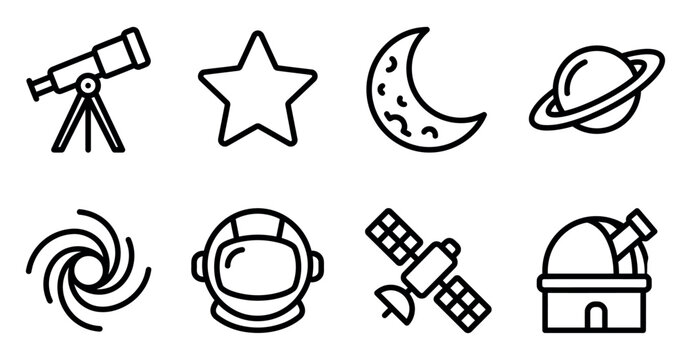 Set of simple space icons including telescope star moon planet galaxy astronaut helmet satellite observatory Minimal stroke icon set bundle collection. Editable Vector Illustration Mega pack