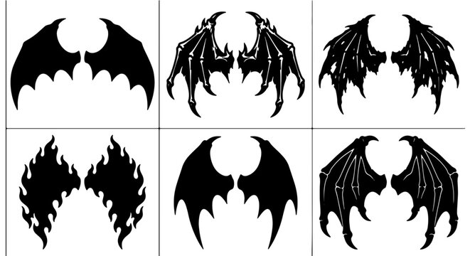 Gothic Devil Wings Vector Set, Dark Fantasy Bat Wings, Spiky Demon Wings, Fiery Angel Wings, Black Silhouette Wing Graphics for Halloween and Horror Designs