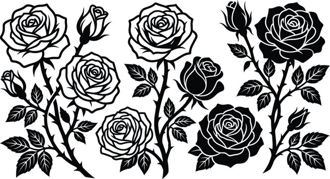 Elegant black and white rose vector illustrations with stems and leaves for floral designs and tattoos