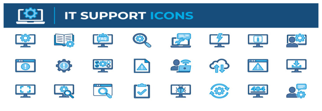 Comprehensive set of IT support and technical service icons for web development and maintenance.
