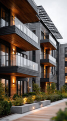 Fototapeta premium Urban apartment building facade featuring modern architecture, wooden balconies with glass railings, and innovative solar panels providing clean energy for sustainable living
