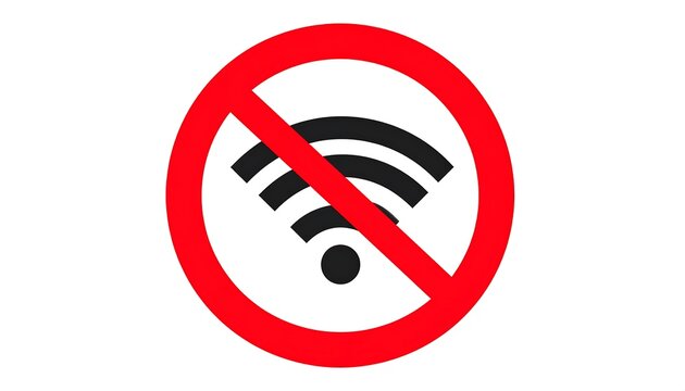 A red circle with a diagonal line through a black wireless signal, denoting no access or restriction