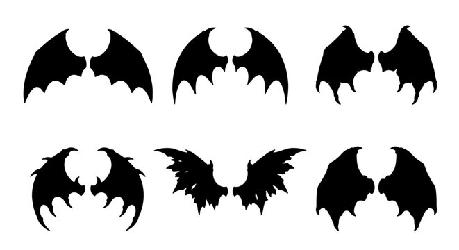 Six Black Silhouette Bat Wings Vector Icons, Fantasy Creature Appendages, Gothic Devil Wings Set, Spooky Halloween Graphic Elements, Dark Angel Wings Collection