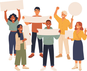 Obraz premium Diverse Crowd of People Protesting and Holding Blank Signs Plards and Banners for Demonstration Revolution and Strike Vector Illustration