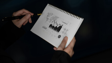 Fototapeta premium Hands holding a sketchbook with abstract graphs and charts, demonstrating creativity and data visualization techniques, in a dimly lit environment. Entropy.