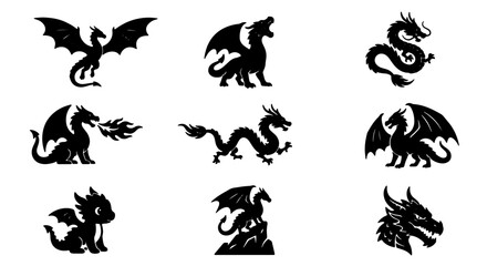 Obraz premium Mythical Dragon Silhouettes Collection, Fantasy Creature Icons, Fierce Beast Vector Graphics, Magical Legend Symbols for Design