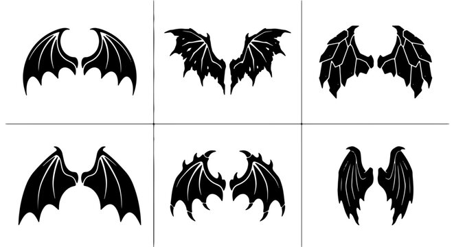 Six Black Silhouette Devil Wings Vector Icons, Gothic Bat Wings Graphics, Fantasy Creature Emblems, Spooky Halloween Decorations, Dark Angel Wing Symbols, Mythical Beast Design Elements
