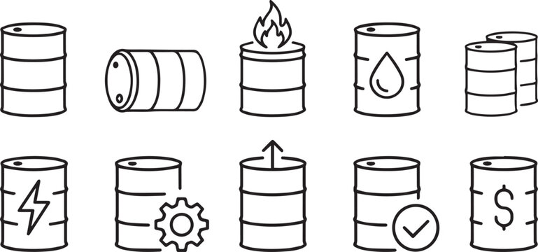 Oil drum icons in various designs and symbols on white background