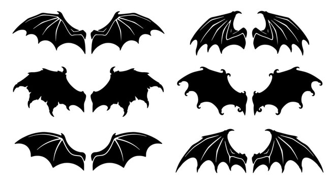Dark Gothic Bat Wings Vector Set, Spooky Halloween Devil Wings Graphics, Fantasy Creature Wing Silhouettes for Design