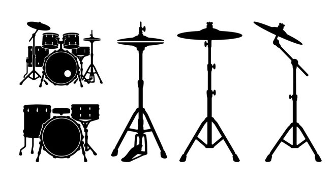 Drum Kit Silhouettes, Percussion Instruments, Rock Band Gear, Musical Equipment Vector Set, Black and White Graphics