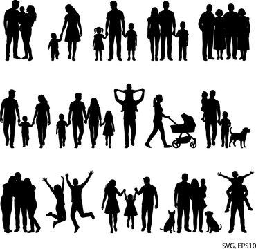 Vector silhouettes of family collection, parents and children walking standing playing, group family icons set, black isolated graphic design elements.
