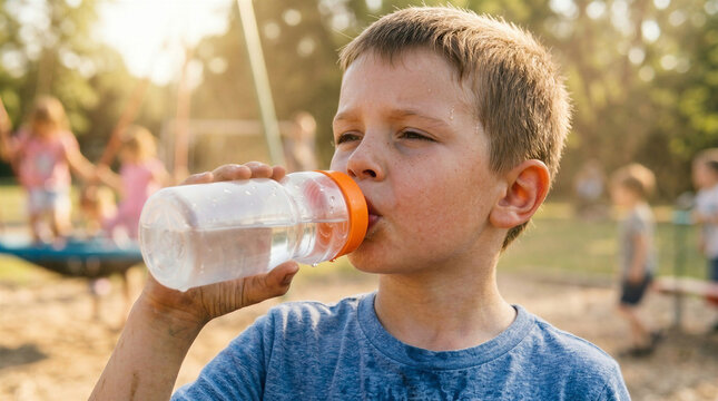 Boy drinking water from a bottle, feeling refreshed, on a sunny playground