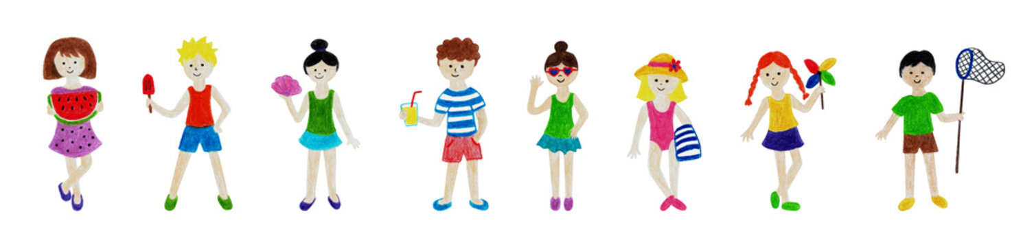 手描き風の夏を楽しむ子どもたちのイラストセット