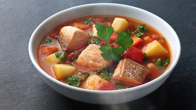 Fish soup named Pira Caldo on dark background with smoke