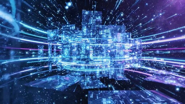 Glowing digital data tunnel with neon light trails around futuristic cube and circuit structures in motion, creating high speed technology background with radiant blue and purple particle effects
