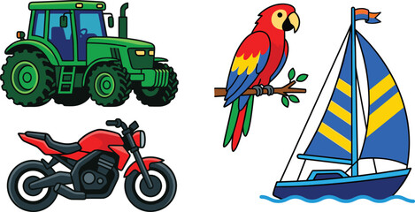 Flat Colorful Transport and Wildlife Vector Set Featuring Green Farm Tractor Red Motorcycle Scarlet Macaw Parrot and Blue Sailboat for Creative Graphic Designs © MSTFarjana