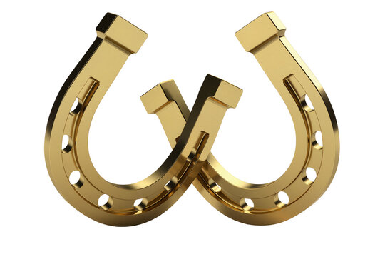 Isolated elegant shiny golden horseshoes intertwined, classic good luck charm symbol, metal design