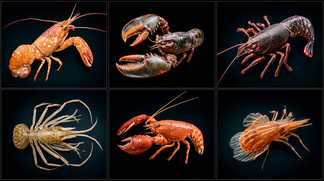 Set of assorted raw crayfish and freshwater crustaceans on black.
