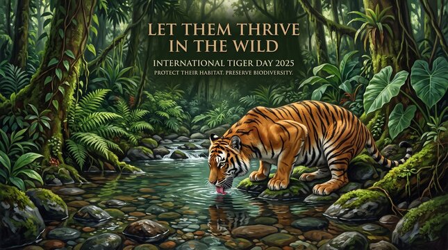 International Tiger Day: A majestic tiger, taking a refreshing drink, embodies the spirit of International Tiger Day, as a vibrant call to conserve these endangered species, nestled in a lush