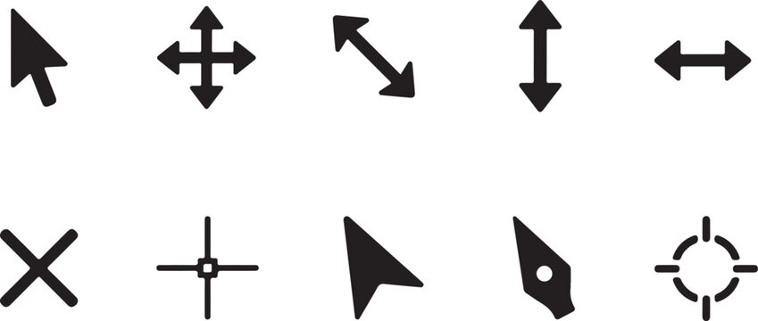 Premium Collection of 100 Minimalist Cursor, Pointer, Mouse and Touch Gesture Silhouette Vector Icons Isolated on White Background