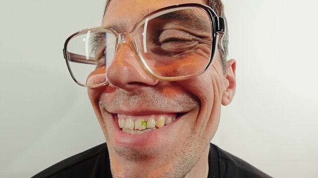 Close up of a smiling man showing teeth with food stuck between them
